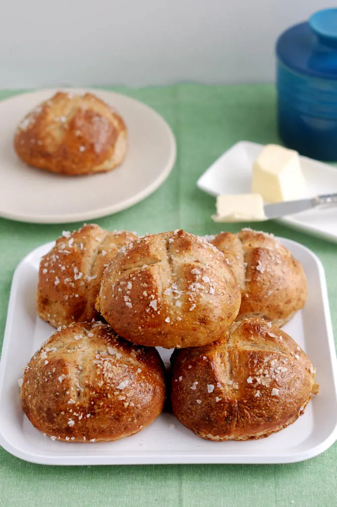 malt and rye pretzel rolls on a plate