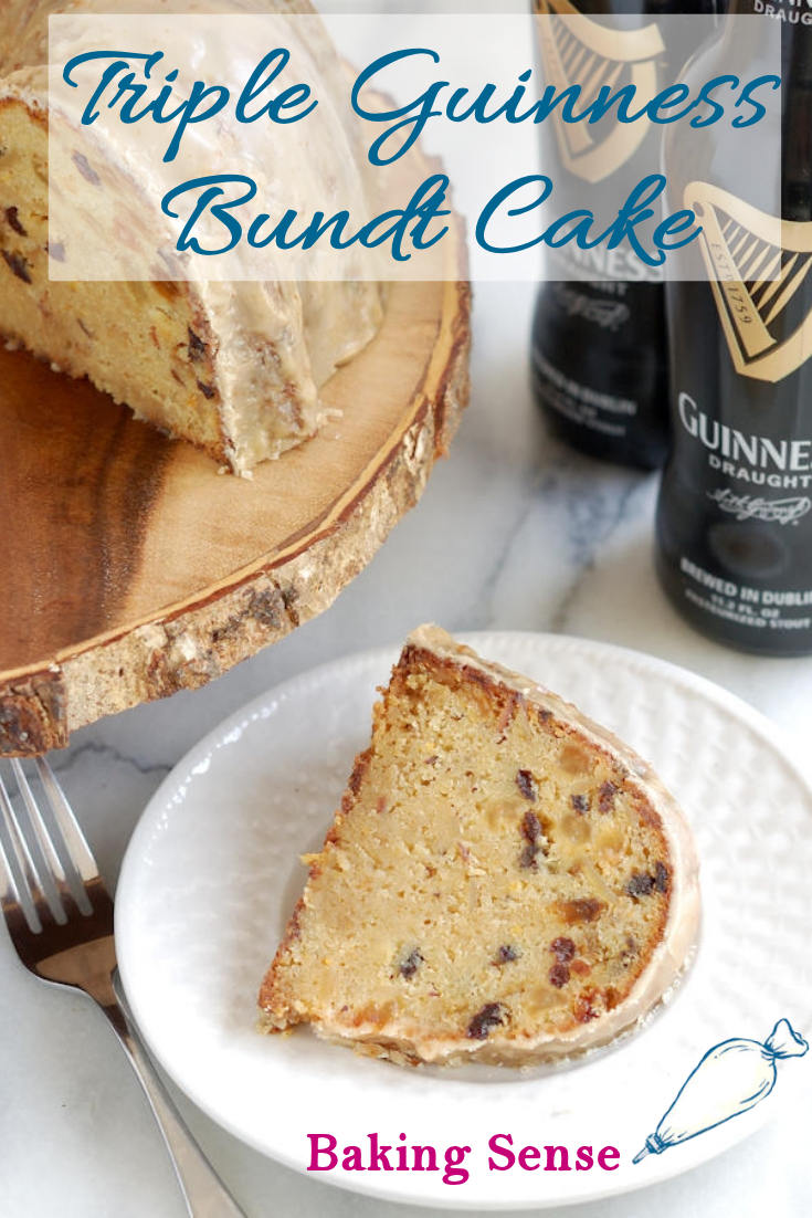 Triple Guinness Bundt Cake is a rich cake made with golden raisins, currants, almonds, and, best of all, Guinness Stout added 3 ways. You know what they say, "Guinness is good for you"! #guinness #bundt #glazed #stpatricks #irish