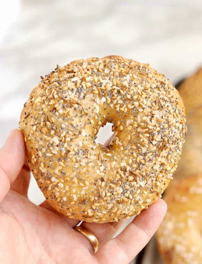 a hand holding a sourdough bagel