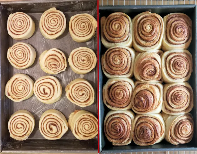 cinnamon buns before and after baking