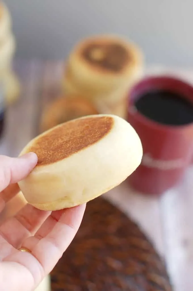 a hand holding a Sourdough English Muffin