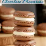 a stack of baileys chocolate macarons with text overlay for pinterest