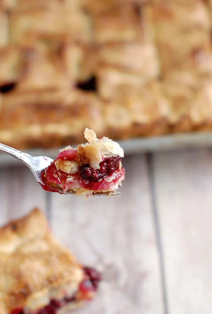 A closeup shot of a bite of pie in the end of a fork.