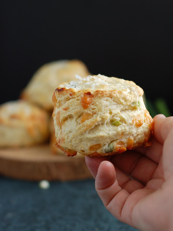 A hand holding one freshly baked Irish Cheddar Cheese Scone against a dark background.