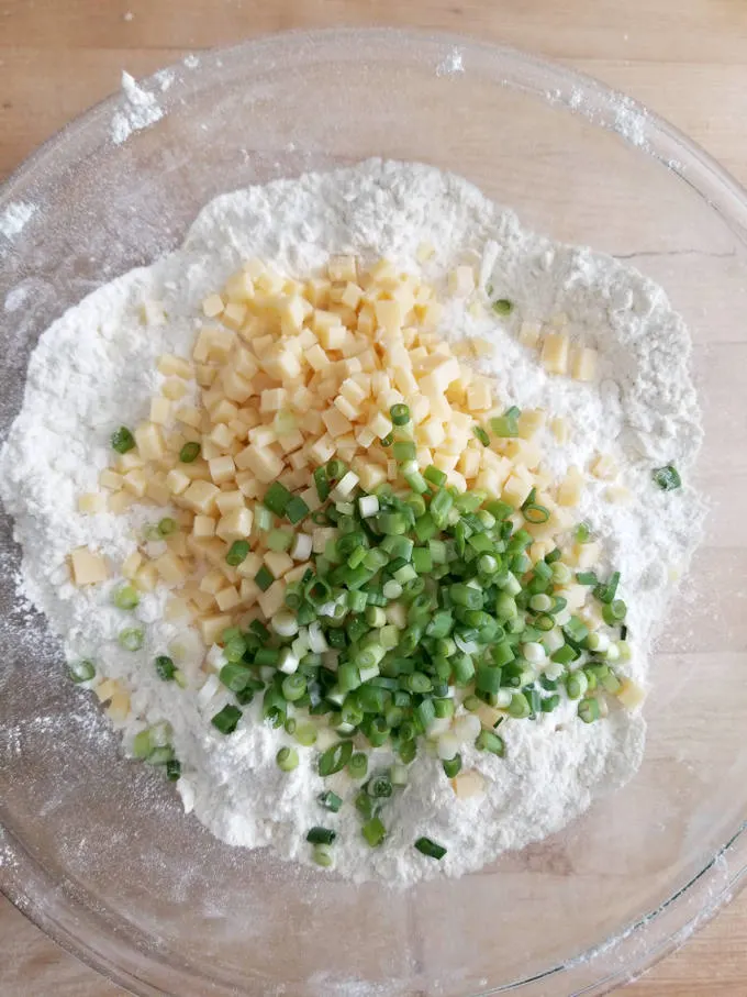 a bowl of irish cheddar scone ingredients