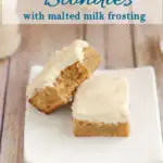 a pinterest image of two malted milk blondies with text overlay