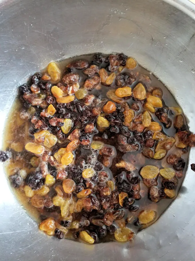 The dried fruit will absorb the black tea for Irish tea brack