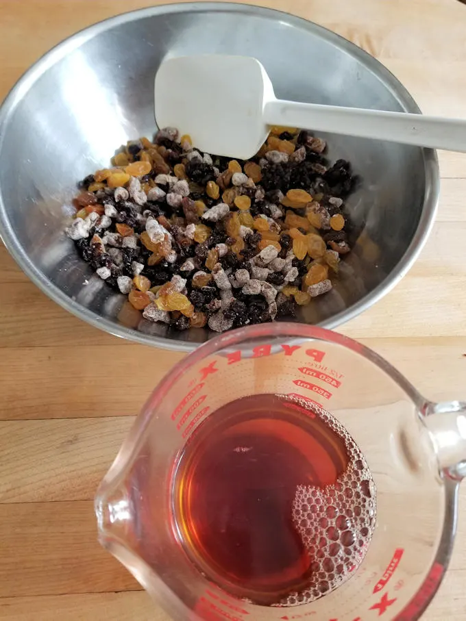 soak dried fruits in black tea for Irish tea brack