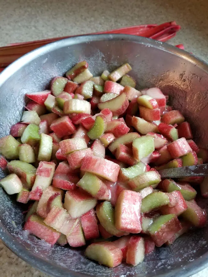 A bowl of chopped rhubarb coated with sugar syrup.