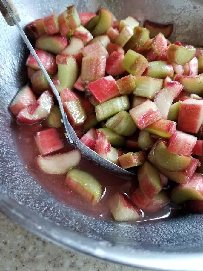 a bowl of chopped rhubarb with sugar syrup