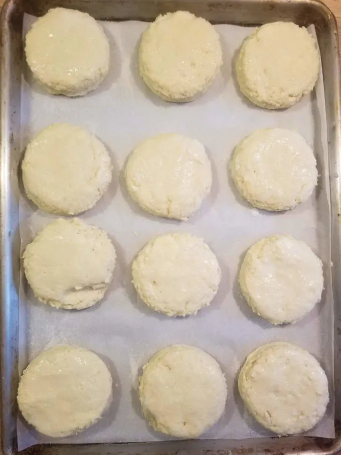 a tray of unbaked shortcake biscuits ready for the oven
