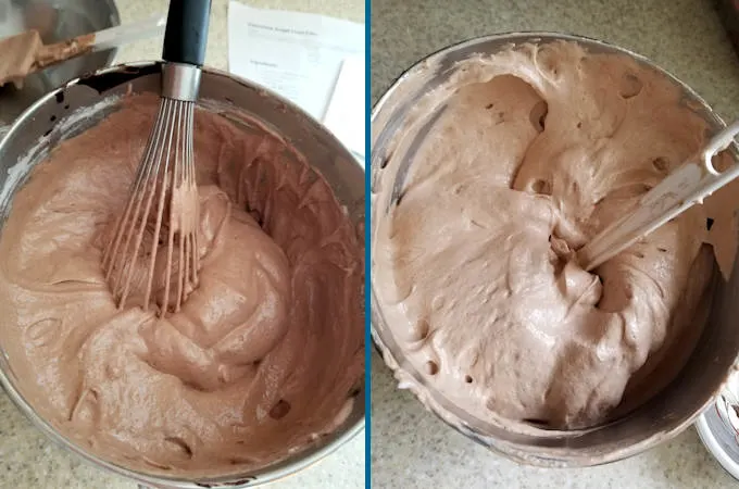 two bowls of chocolate angel food cake batter 