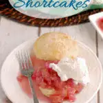 a rhubarb shortcake image for pinterest with text overlay