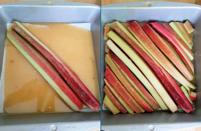 rhubarb and caramel in a square pan