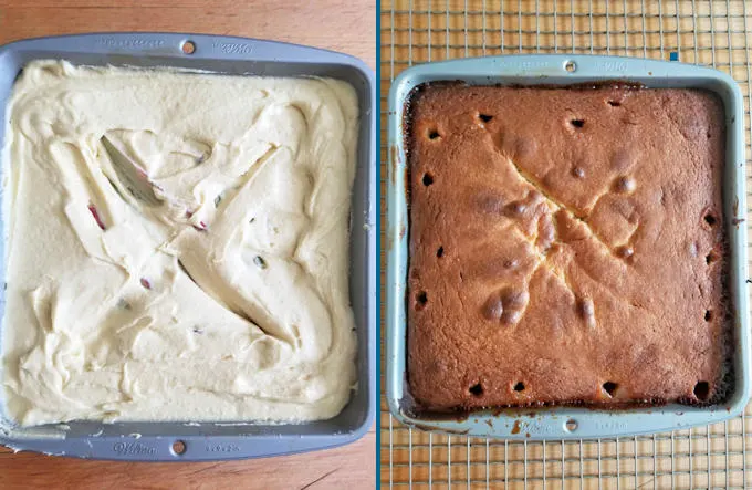 rhubarb cake before and after baking