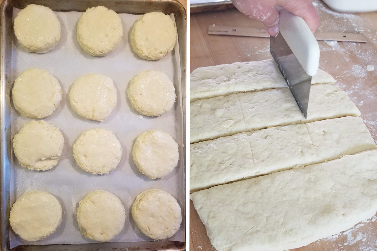 a tray of round shortcake biscuits and a slab of dough cut into square biscuits.