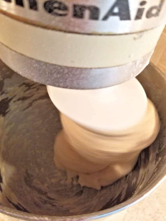 a closeup shot of dough in a stand mixer