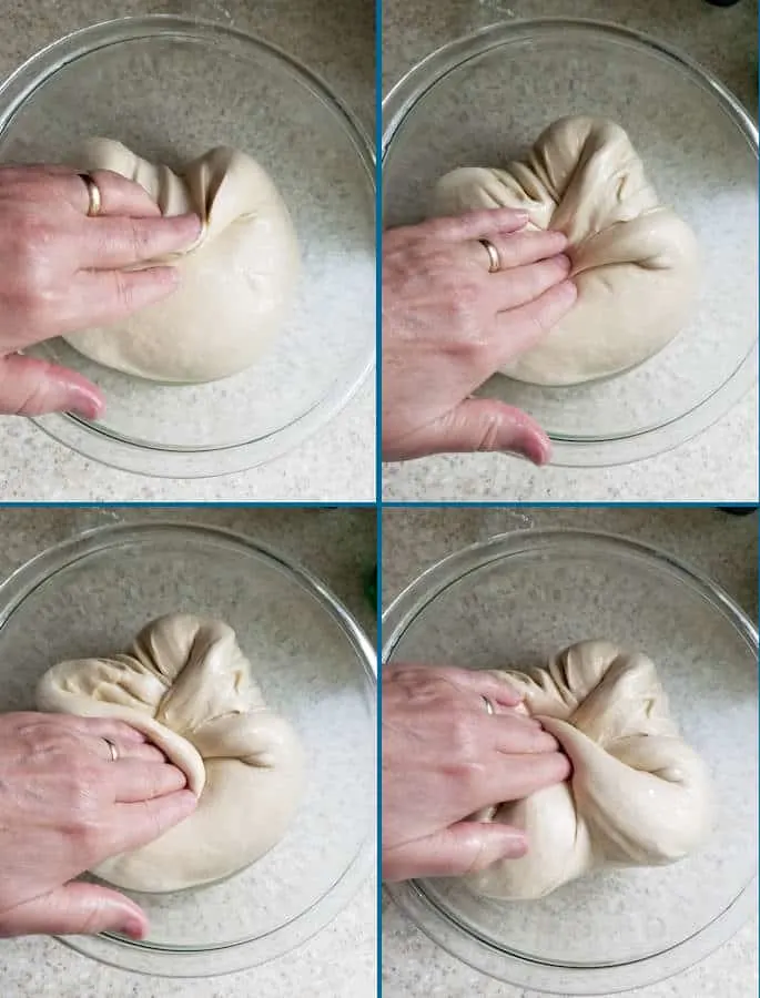 four images of a hand folding bagel dough in a bowl