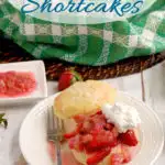 a strawberry rhubarb shortcake image for pinterest with text overlay