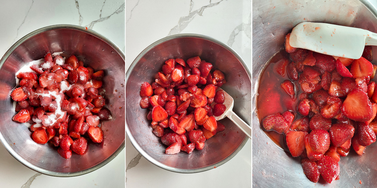 three bowls of strawberries before, during and after maceration.