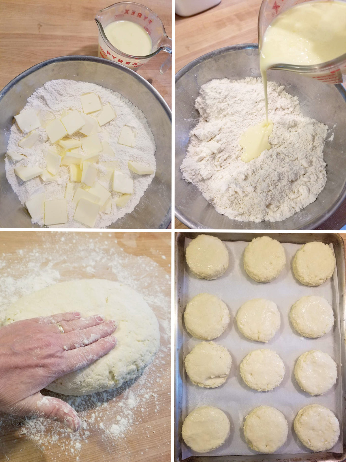 shortcake biscuit ingredients in a bowl. Biscuits rolled and cut.