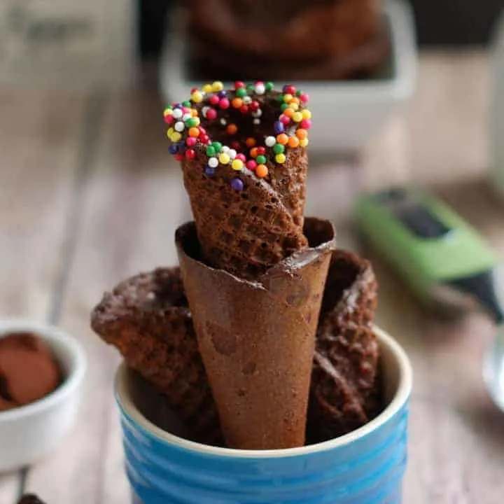 a pinterest image for chocolate waffle cones