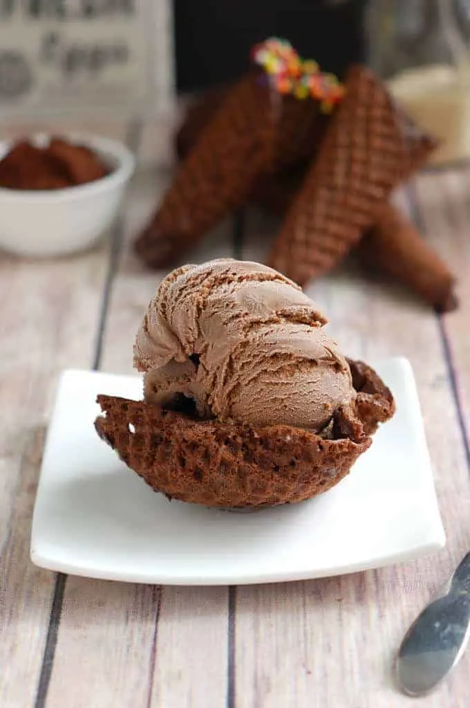 a waffle bowl filled with malted chocolate ice cream