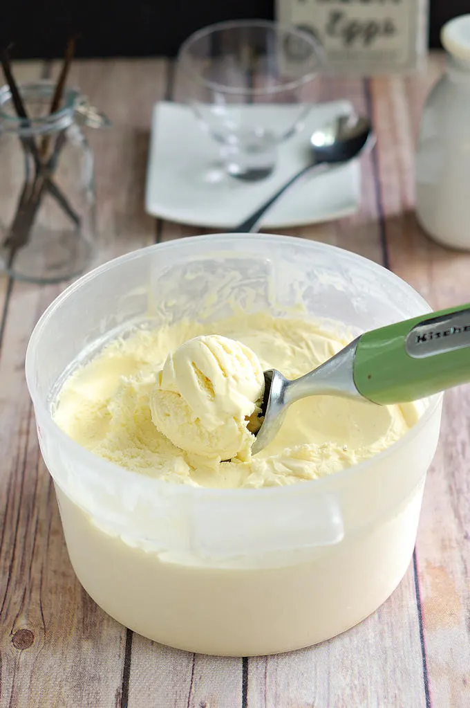 a container of homemade vanilla bean ice cream