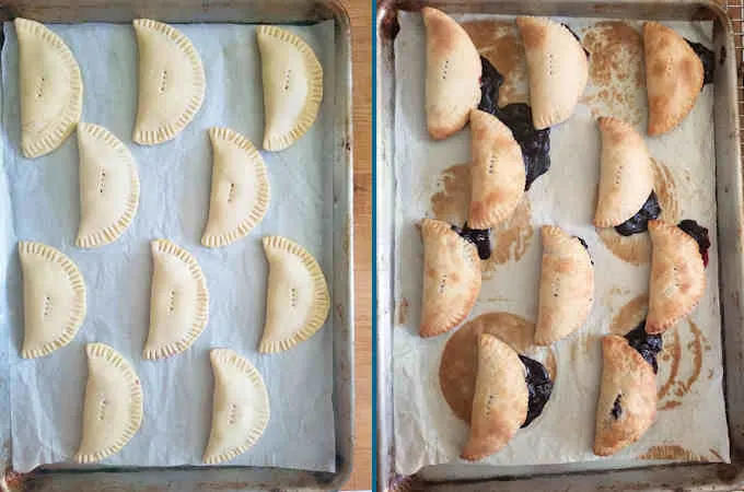 a tray of blueberry hand pies before and after baking