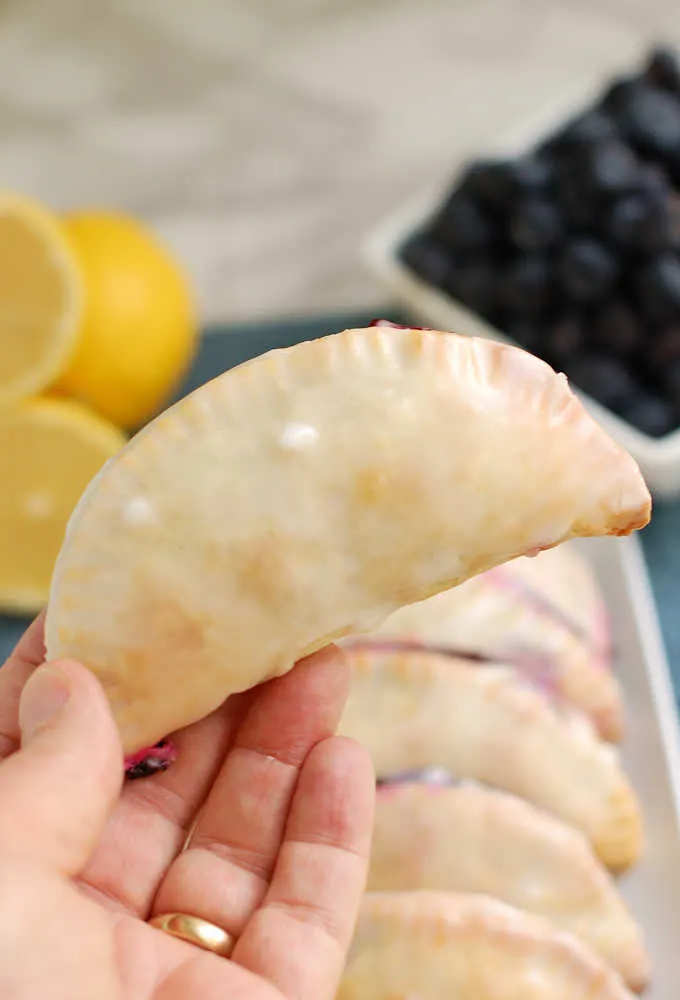 a hand holding a blueberry hand pie