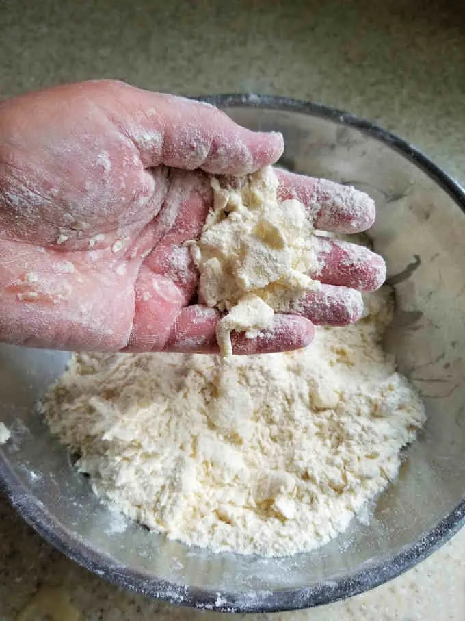 a hand showing flakes of butter in pie dough