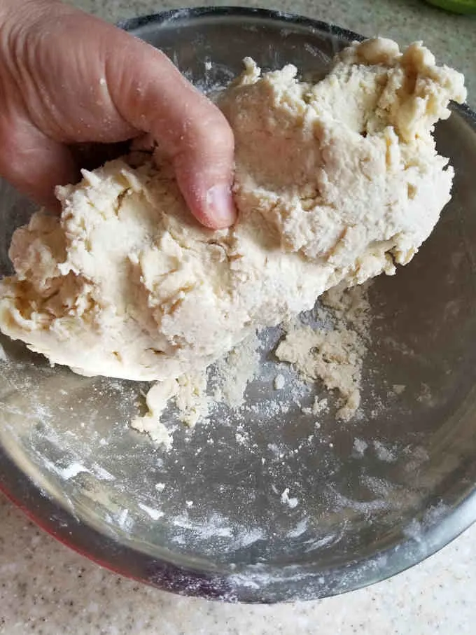 A hand mixing pie dough