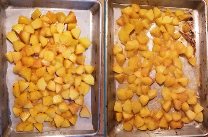 two tray of chopped peaches