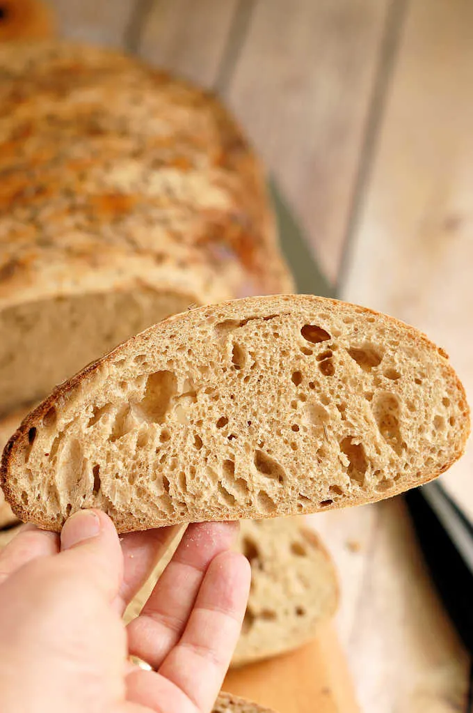 a hand holding a slice of sourdough rye bread