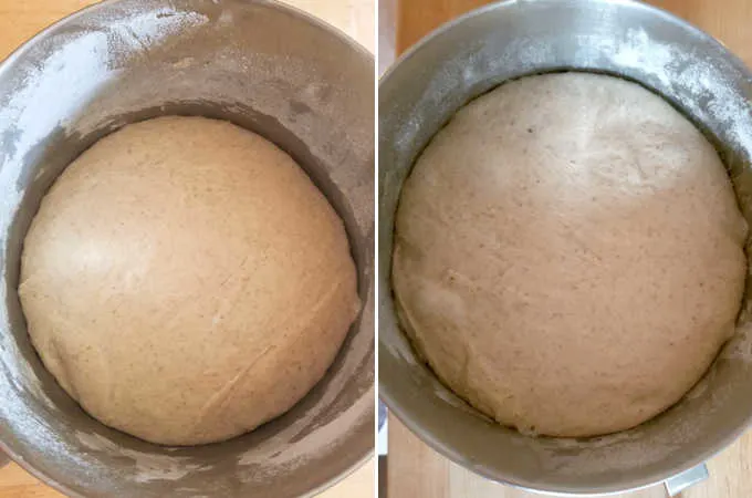 two bowls of sourdough rye bread dough, before and after rising.