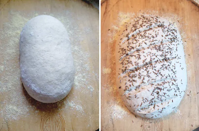 A loaf of sourdough rye bread before and after rising.