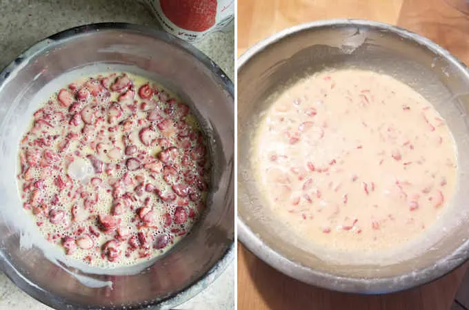 before and after soaking freeze dried strawberries in a custard base.