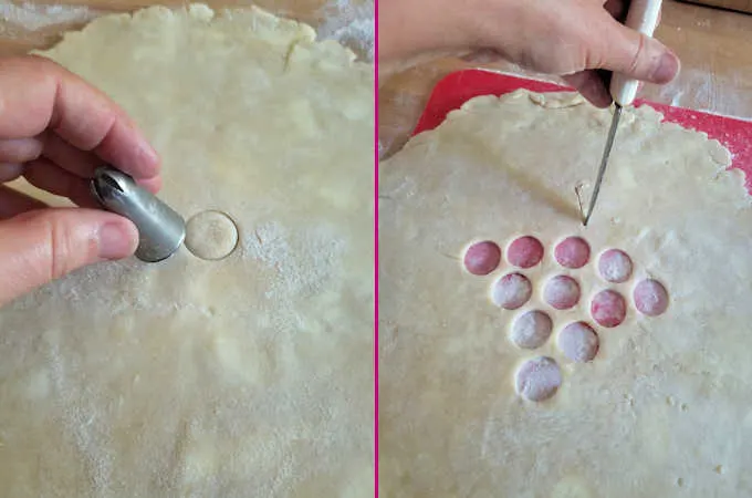 two photos showing how to make a grape cluster pattern on a pie crust top