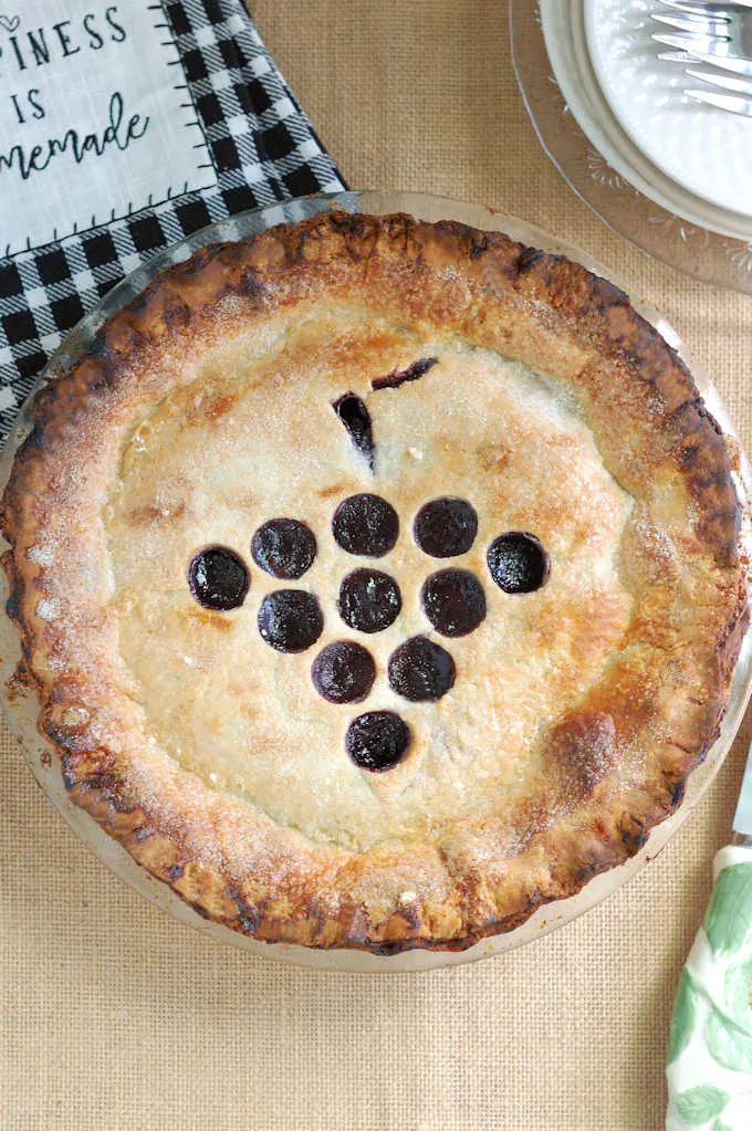a freshly baked concord grape pie, top view