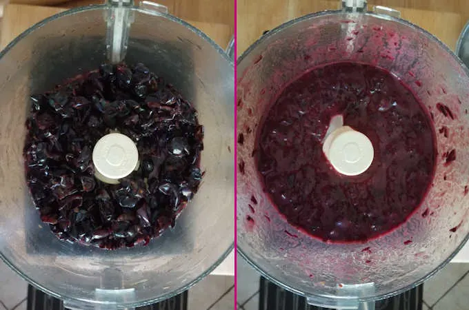 two side by side photos of concord grape skins before and after pureeing.