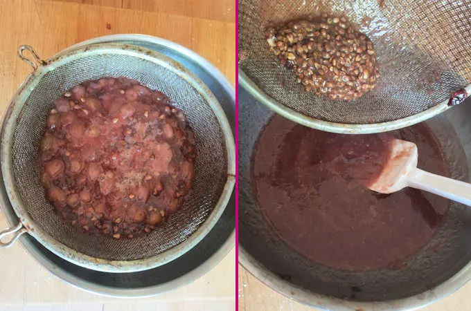 Two side by side photos showing cooked concord grape pulp before and after straining out the seeds.