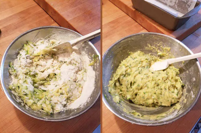 two bowls of zucchini bread batter, before and after mixing