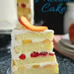 a pinterest image for peach melba cake