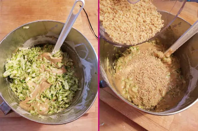 a photo collage showing how to fold shredded zucchini and ground walnuts into zucchini cake batter.