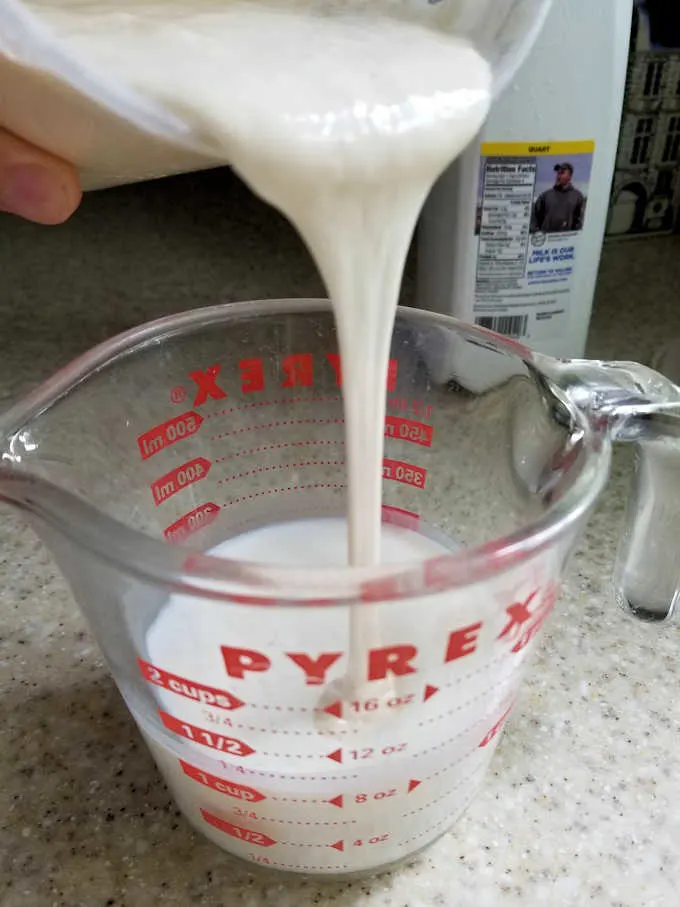 a measuring cup with buttermilk and sourdough starter