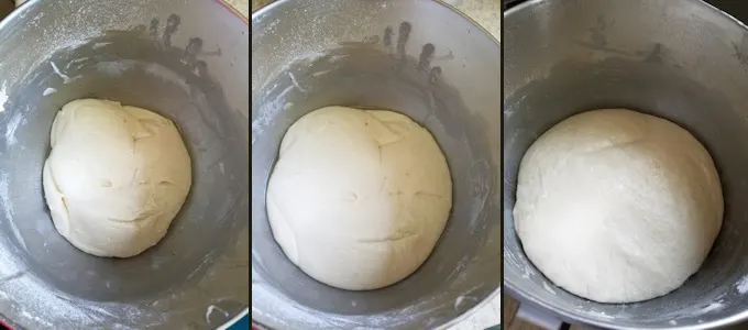 three images of sourdough sandwich bread dough during fermentation