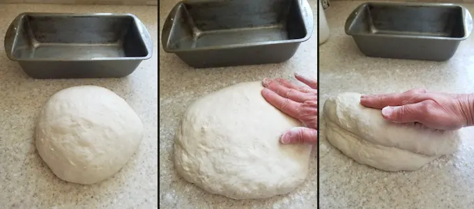 three photos showing how to form a sourdough sandwich loaf