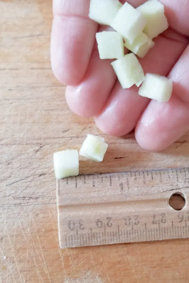 a hand holding 1/4" apple cubes.