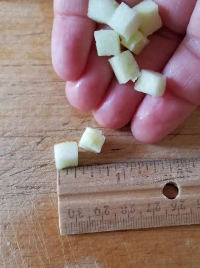 1/4" cubes of apples next to a ruler
