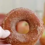 a hand holding an apple cider donut